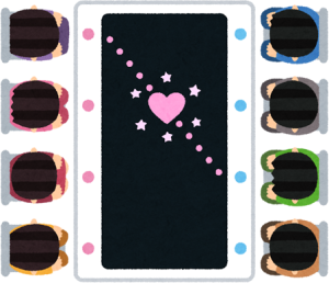 婚活パーティーでテーブルごとに話す男女